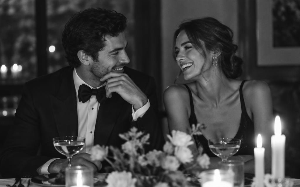 A couple laughing together over dinner